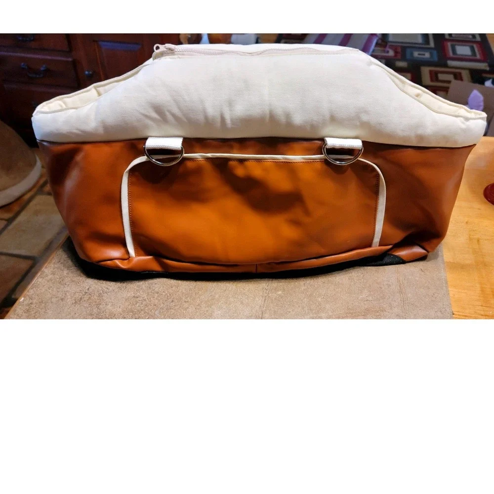 Brown Faux Leather and Cream Canvas Small Pet Carrier Bag with Shoulder Strap